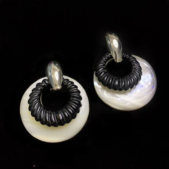 VTG MOP black onyx double door knocker convertible earrings pierced silver top - Picture 1 of 16